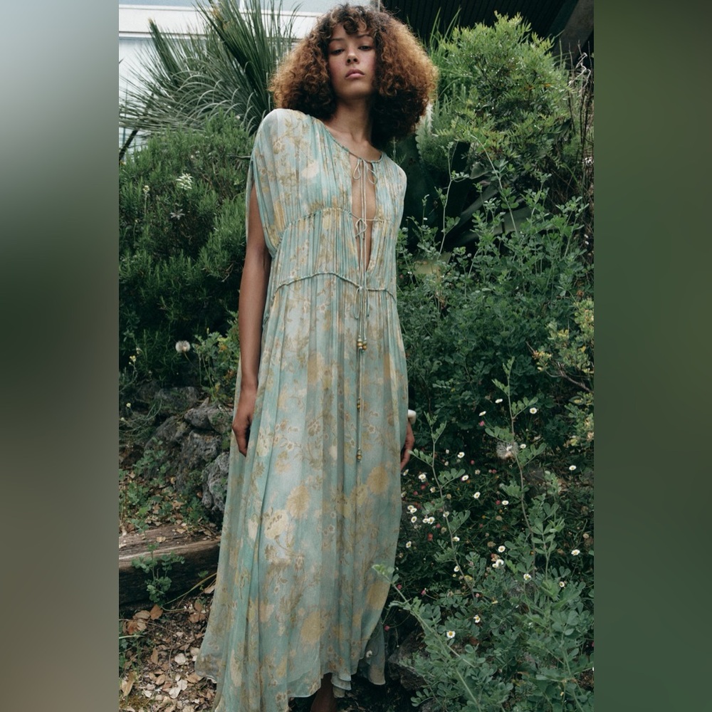 Zara Light Blue and Yellow Floral Midi Dress